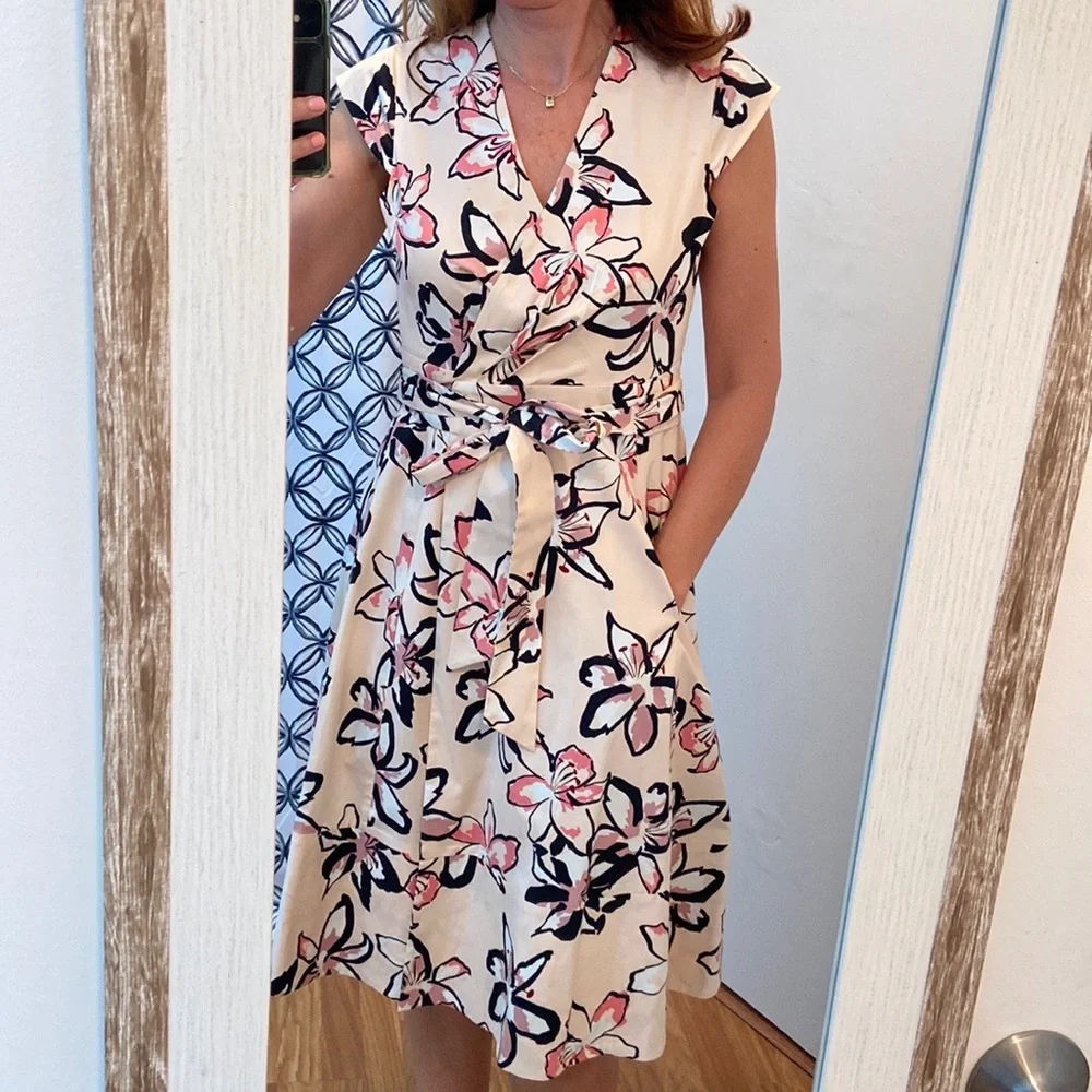 kate spade Cream Floral Wrap Dress with Pink and Black Accents